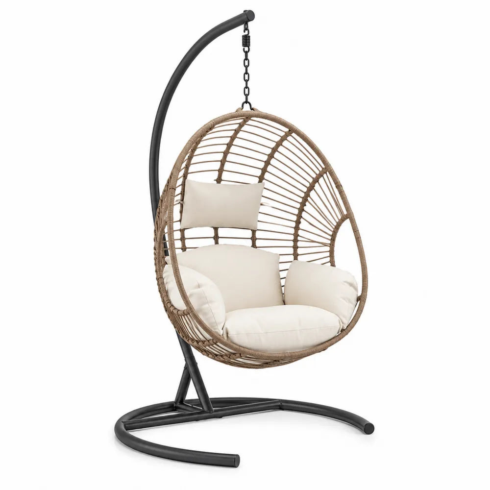 Silla colgante de ratán sintético beige y estructura de acero
