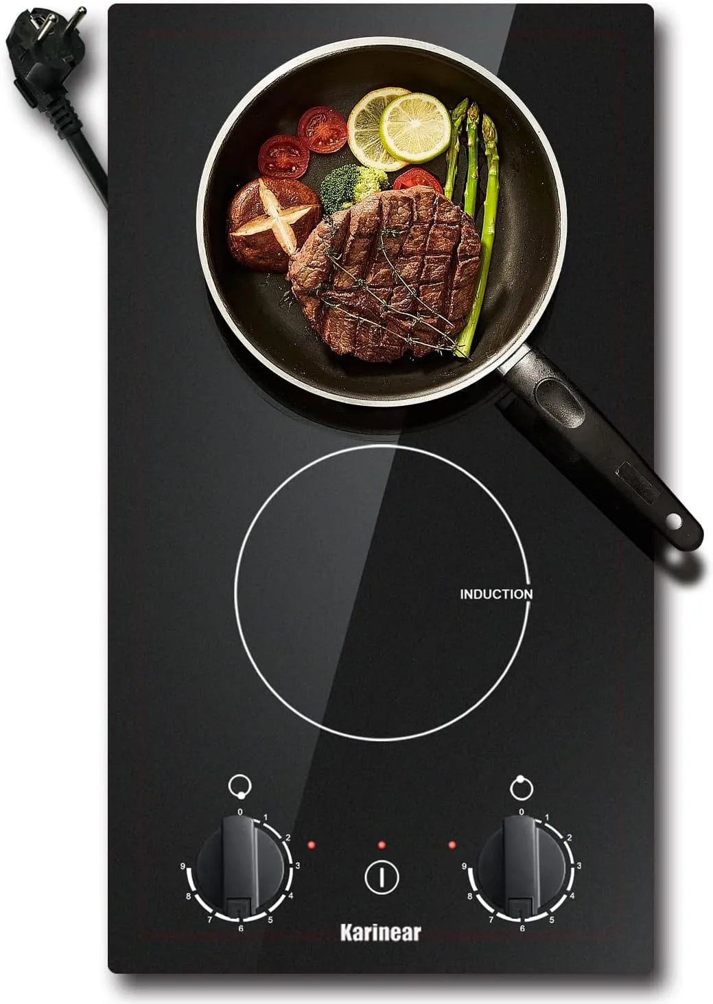 Karinear, Kogeplader, induktionsplade 2 plader med knap, 3500W, stik, 30cm, Sort, 2000W, 1500W