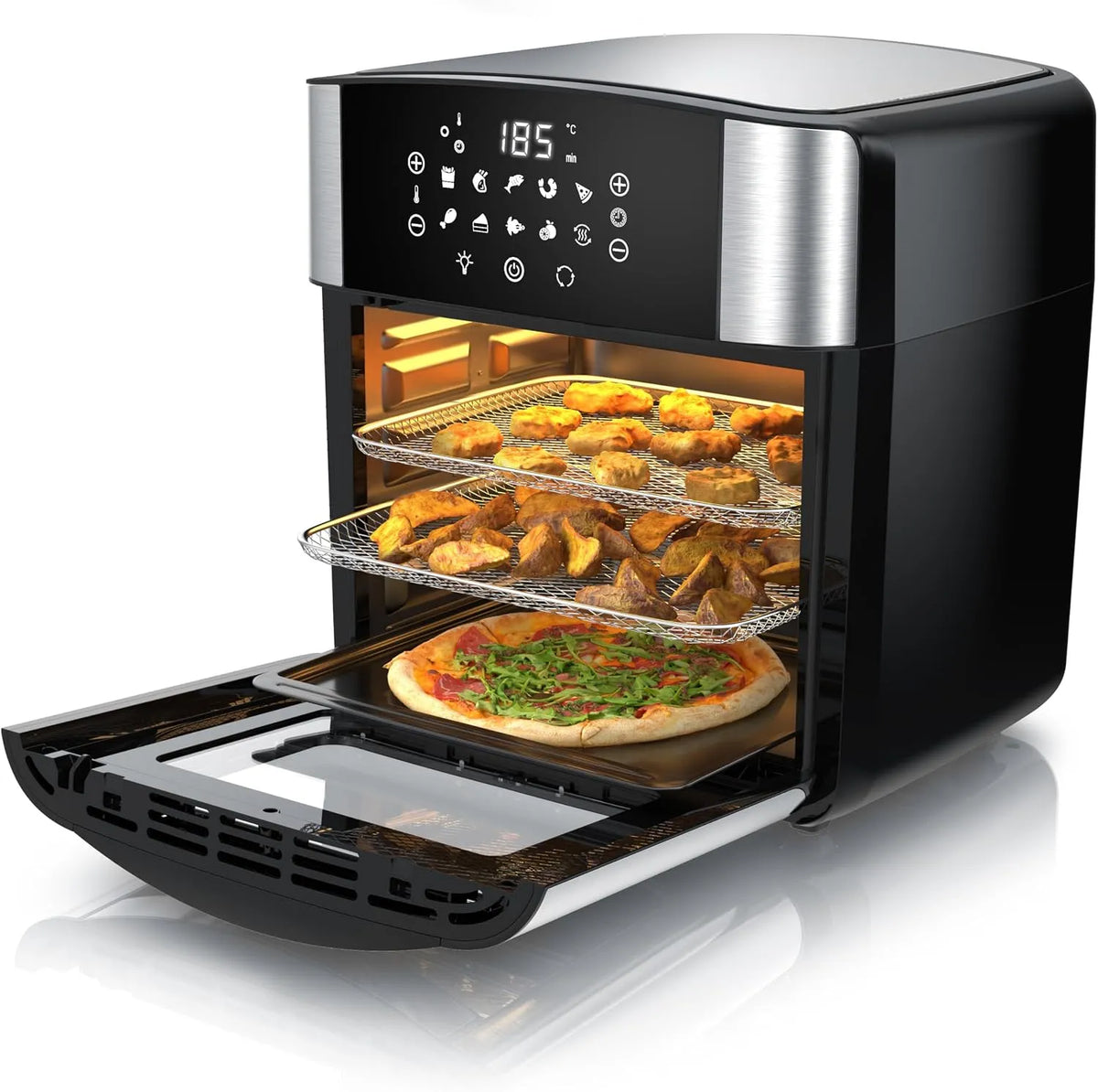 Arendo, Airfryere, Varmefri frituregryder XXL - extra Large 16 liter - Ovn recirkuleret luft - Grill, Sort / sølv, 16 l, 1800 W, 24 cm, 37 cm