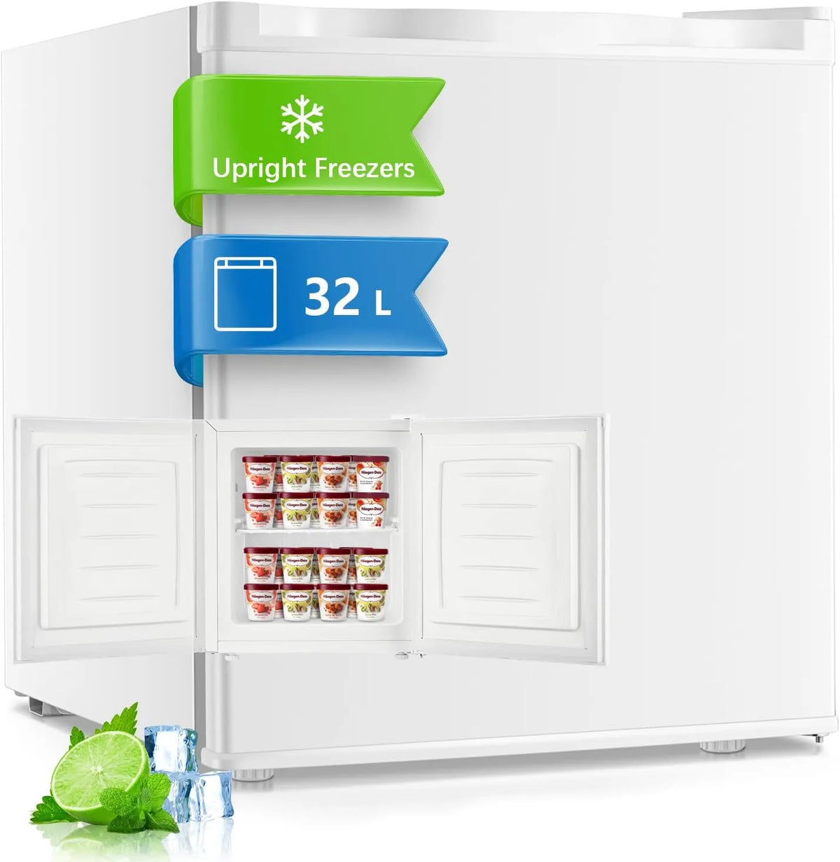 FOHERE, Fryseskabe, Mini Freezer 32L Fryser til kontor og camping, Hvid, 32L, 45, 2 cm, 4 kg, 43dB