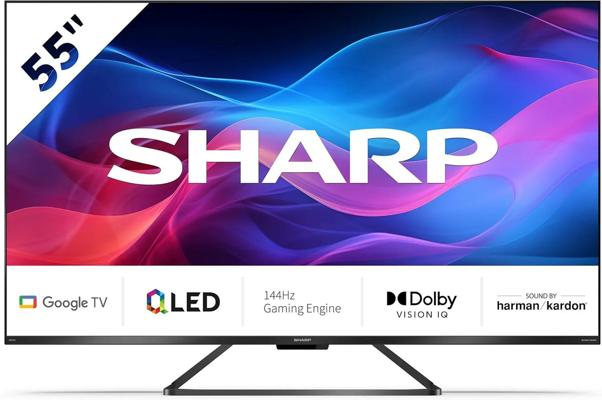 SHARP 55GR8265E, TV'er, Google TV 139 cm (55 tommer) 4K Ultra HD 144Hz QLED (Smart TV uden ramme, Dolby, Sort, 55G, 139 cm, 4K, 144Hz