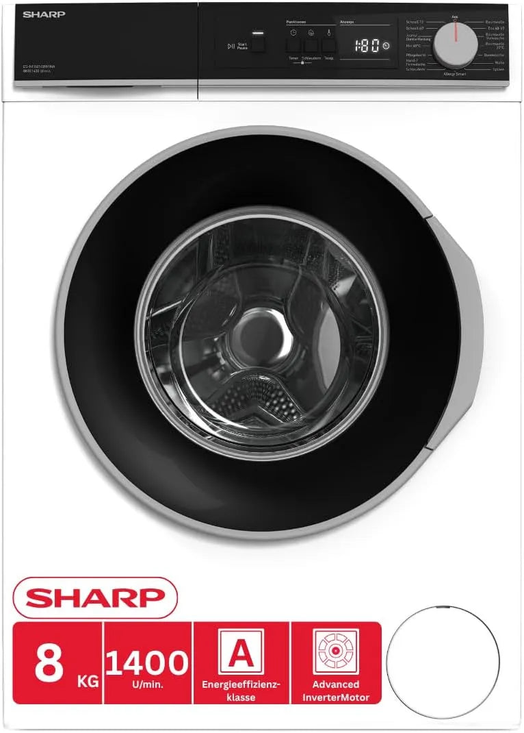 SHARP ES-NFA814BW1NA-DE NFA814BW1NA, Vaskemaskiner, ES- - DE vaskemaskine (8 kg, EEK A, 1400 rpm), (Inverter motor, AquaStop), Hvid, 8 kg