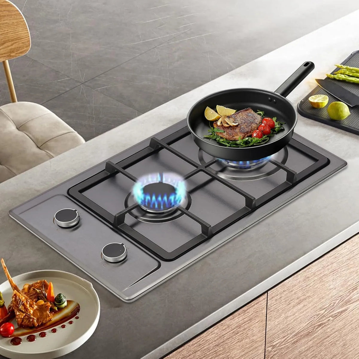 LOYEMAADE, Kogeplader, 3KW+1 Gas Hob 2 Flammebordmodel / bygget gaskomfur, 3KW + 1, 75KW gaskomfur med, Sort, 3KW, 1 G, 1, 75KW, 10cm