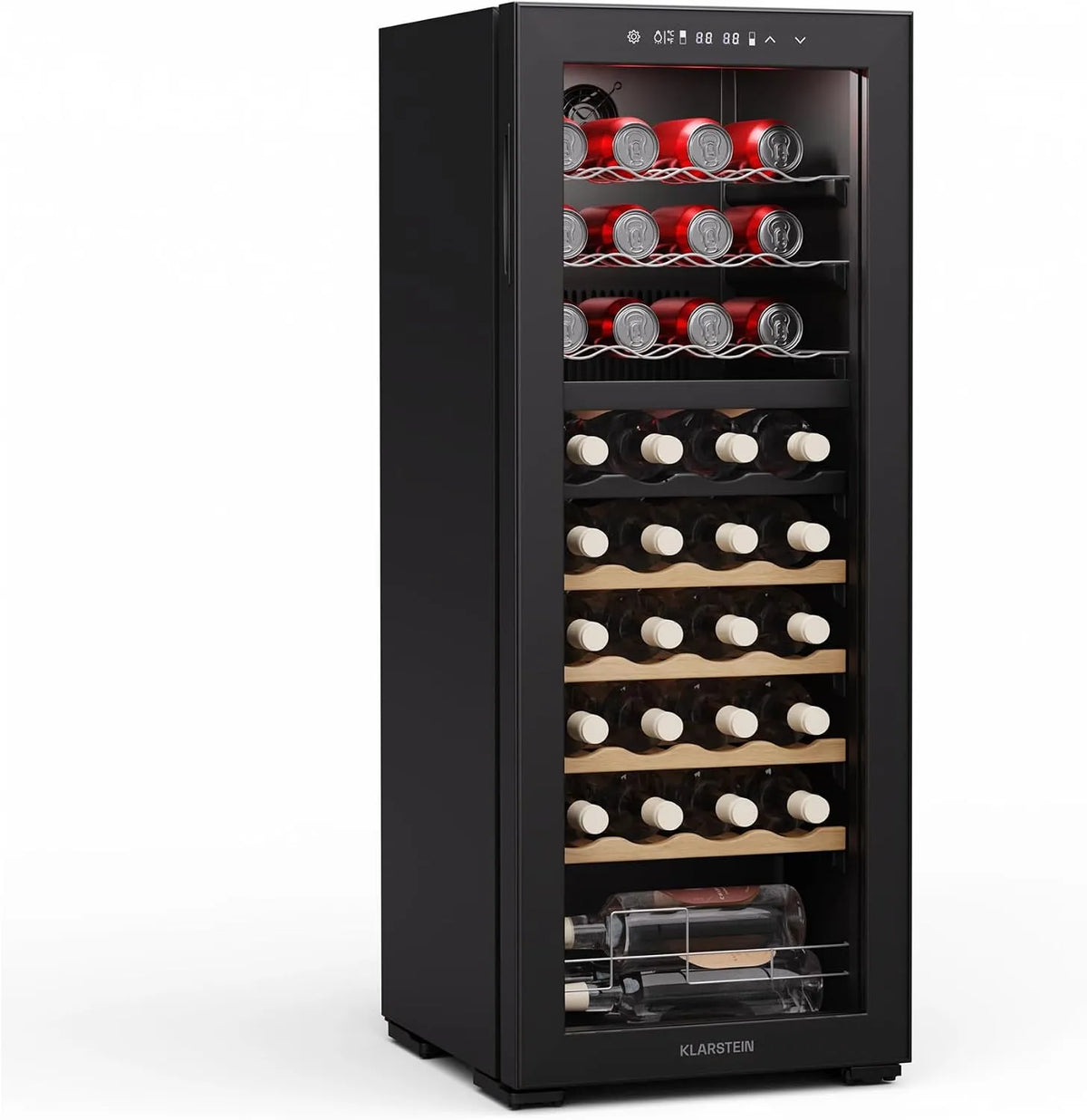 Klarstein, Drikkevarekøleskabe, Bovella 36 Duo + Vin Køleskab - 36 flasker, 2 zoner, 5-18 ° C, berøringsbetjening, LED, Sort, 103 l, 39 dB, 240 V