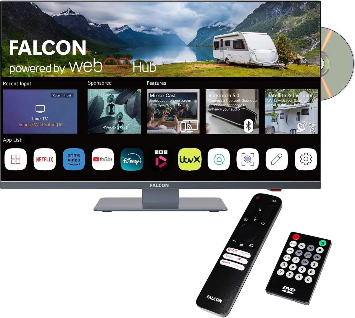 FALCON WORLD CLASS TECHNOLOGY 12V/24V, TV'er, FALCON 27 tommer Fuld HD LED-tv LG WebOS SMART WiFi Camping Motorhome 12V / 24V, Sort, 12V, 24V