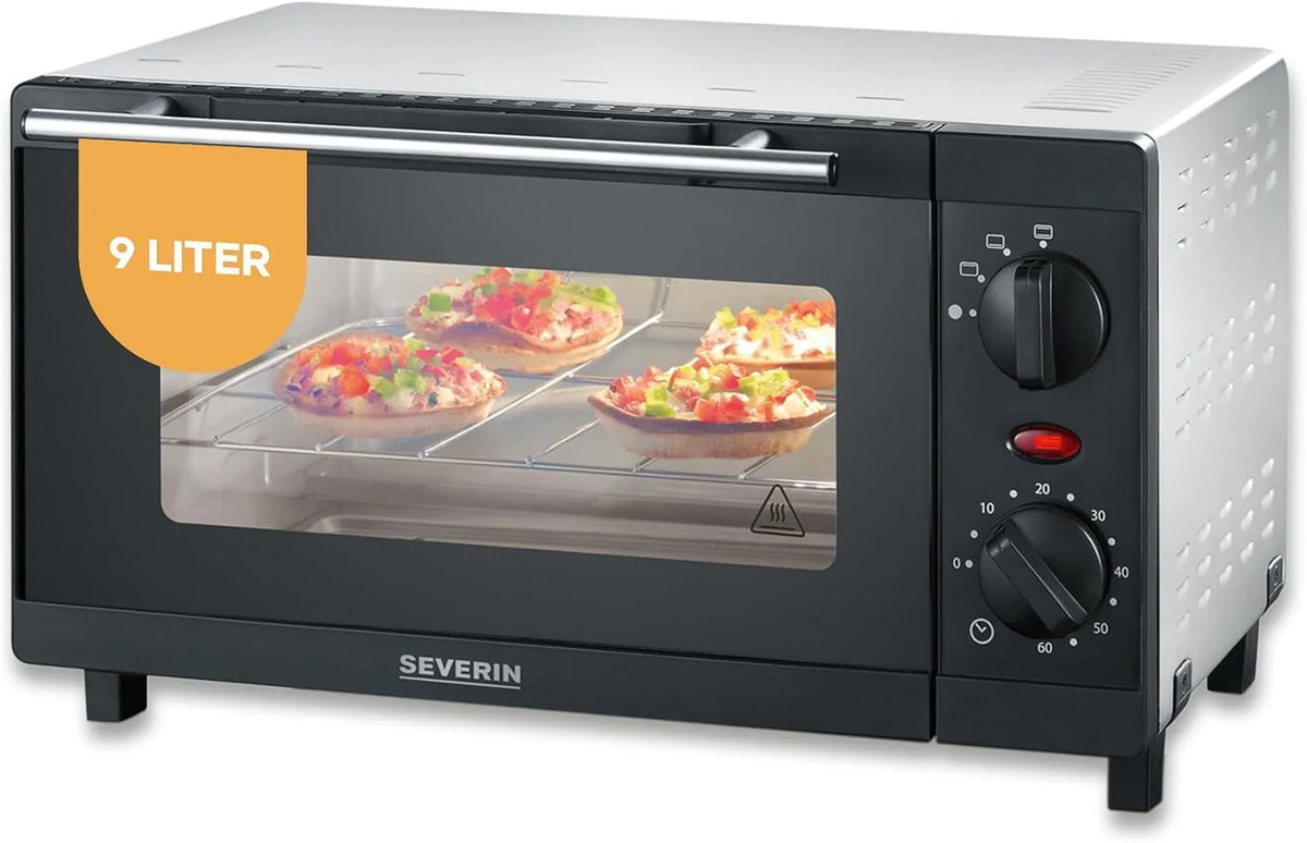 SEVERIN, Miniovne, Mini bagning og toast ovn, kompakt bagning ovn herunder grill riste og bagværk, Sølv / sort, 800W, 9L, 5 x 15 cm