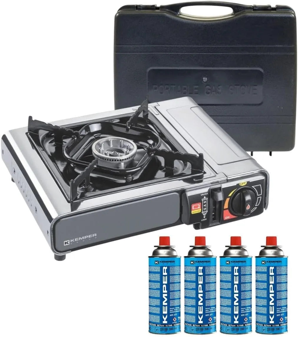 Kemper, Bærbar Gas Cooker 2200 W rustfrit stål + 4 gaspatroner + udendørs madlavning, Sølv, 2200 W, 4 g, 1.78 kg, 2 kW