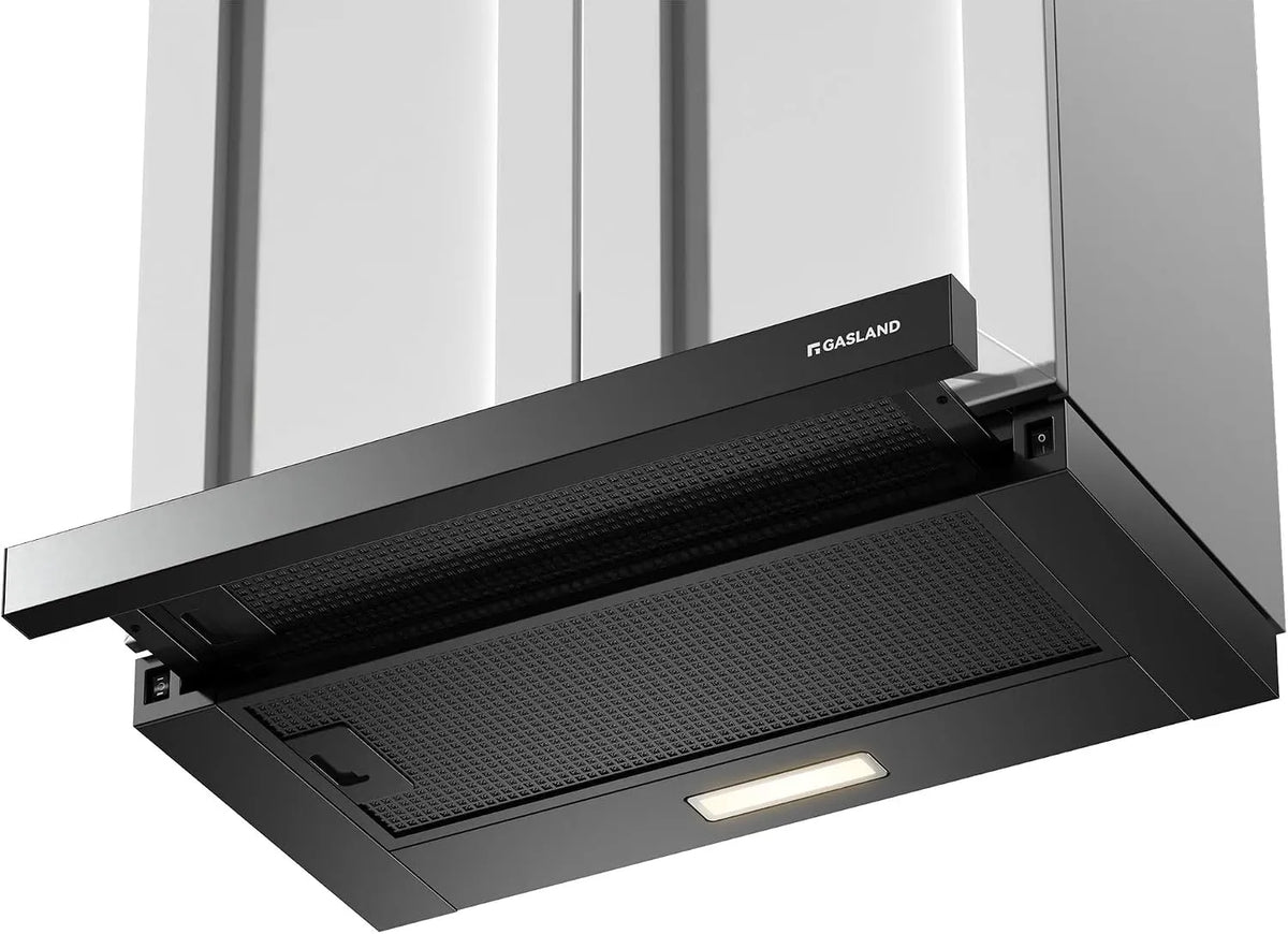 GASLAND BR60BP CF132, Udtræksemhætter, Flad skærm hætte 60 cm Sort, område hætte understruktur, 335 m3 / h, recirkuleret, Sort, 60 cm