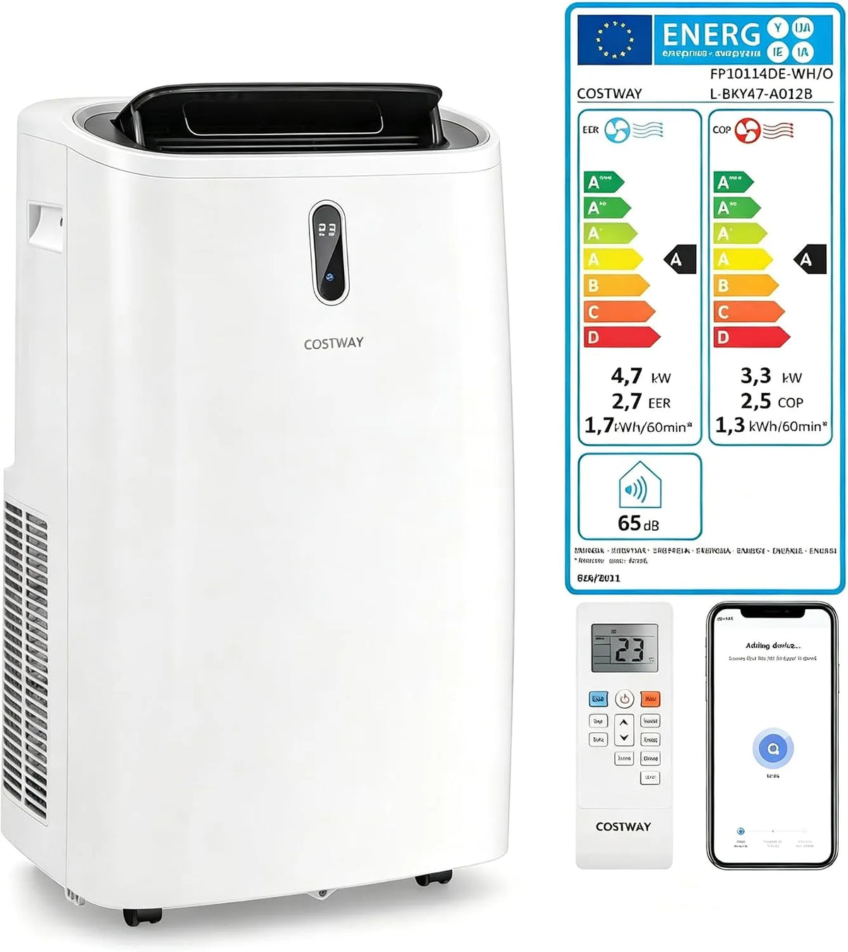 COSTWAY, Mobile klimaanlæg, air conditioning mobil 16000BTU, klimaanlæg med udstødningsslange, Hvid, 16000BTU, 57dB