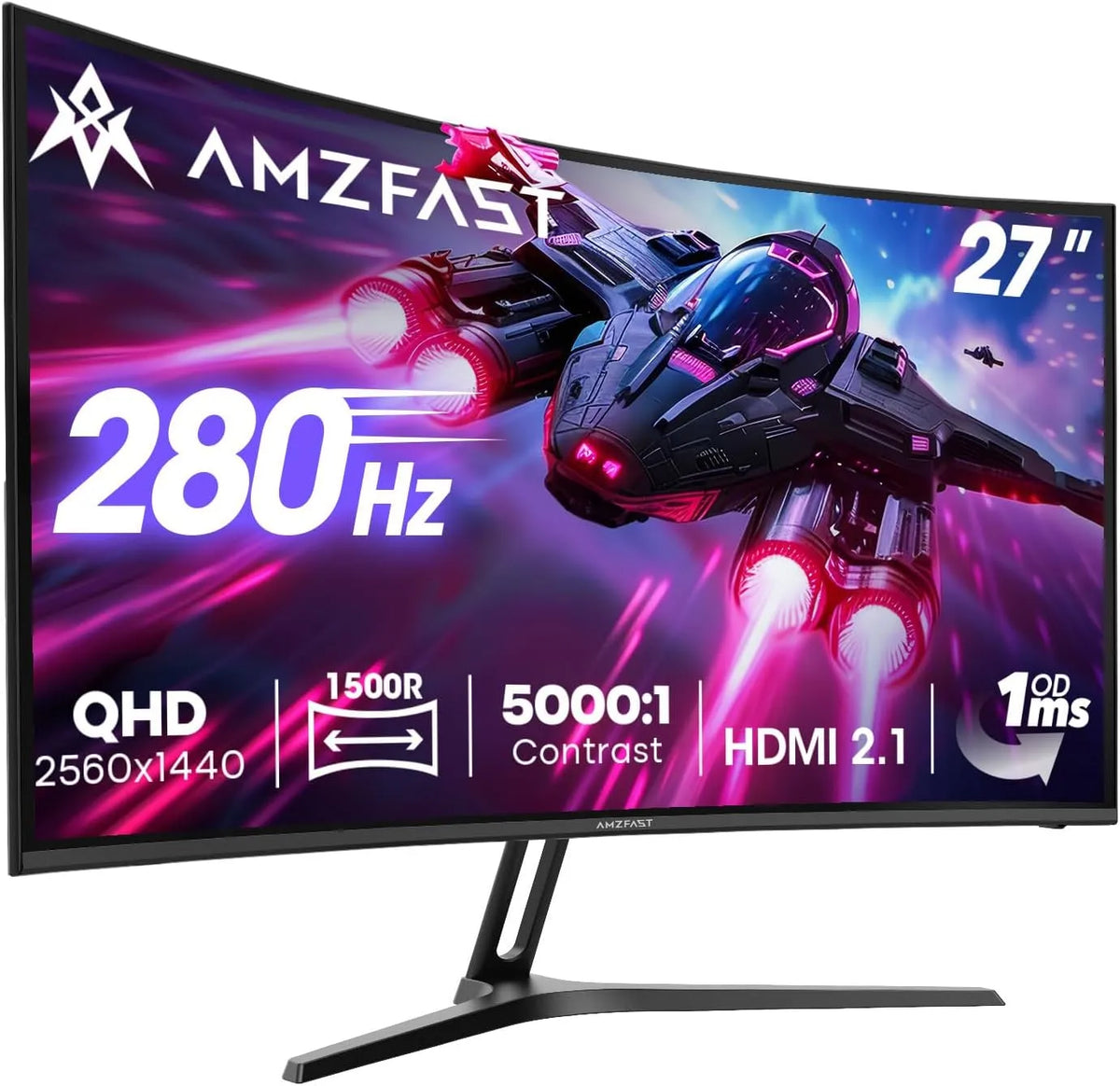 Amzfast 2.1x2, Skærme, Gaming Monitor buet 27 inches, 280Hz, QHD 2560x1440, HDMI, Sort, 27 inch, 2560x1440, 1x2