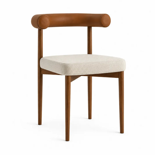 Silla de madera de nogal con asiento de tela beige y respaldo de cuero sintético marrón