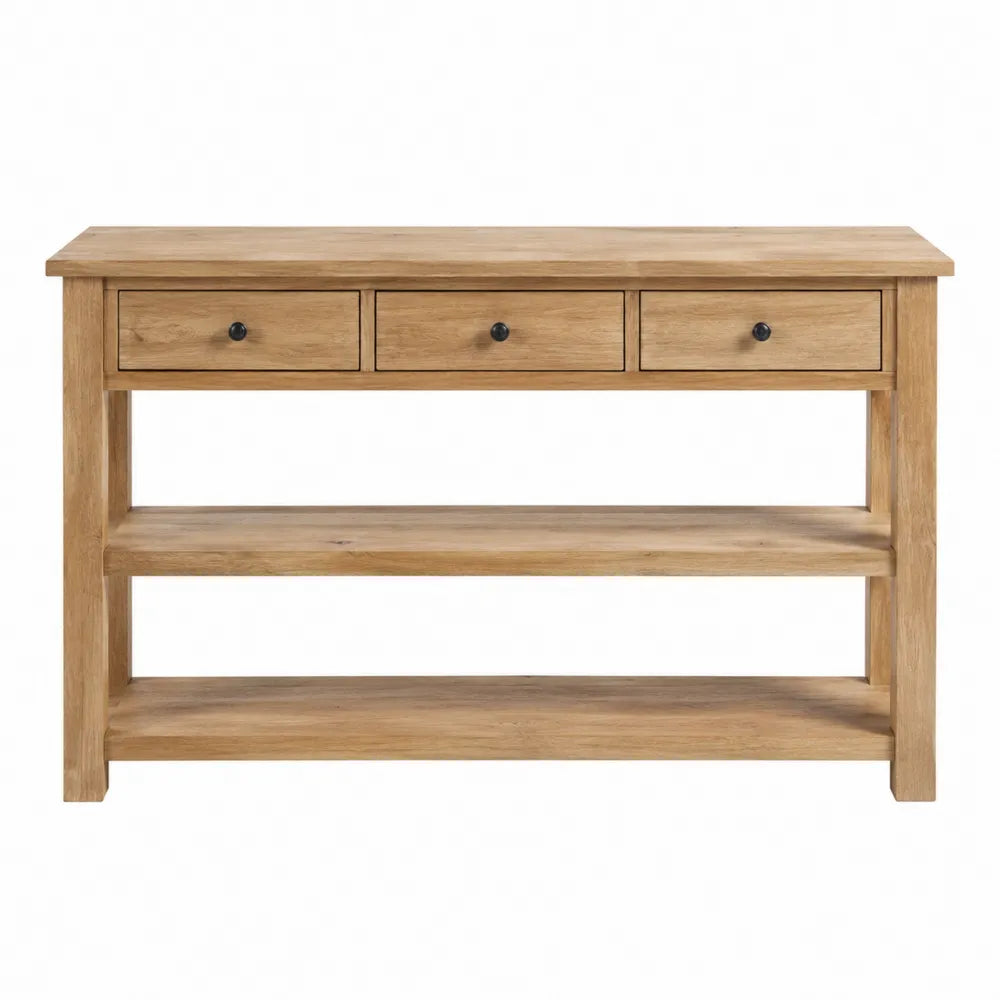 Consola de madera de roble con cajones y estantes marrón