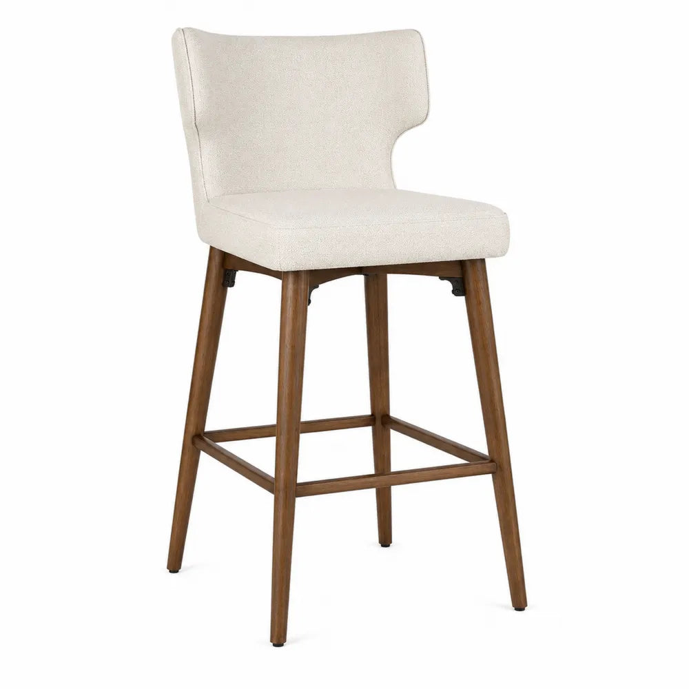Taburete alto de tela crema con patas de madera de caucho