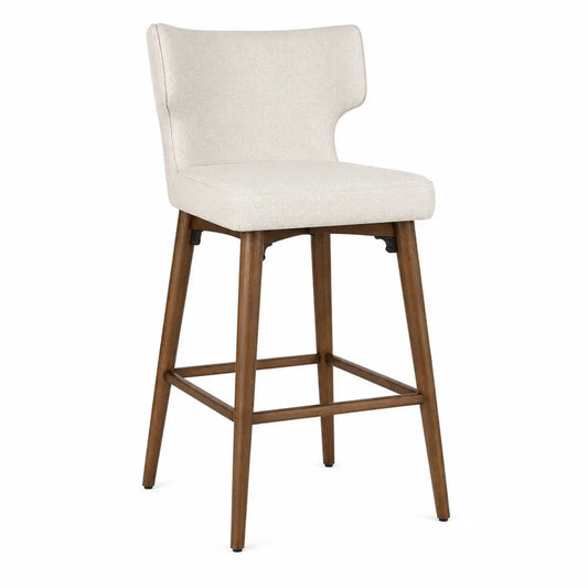 Taburete alto de tela crema con patas de madera de caucho