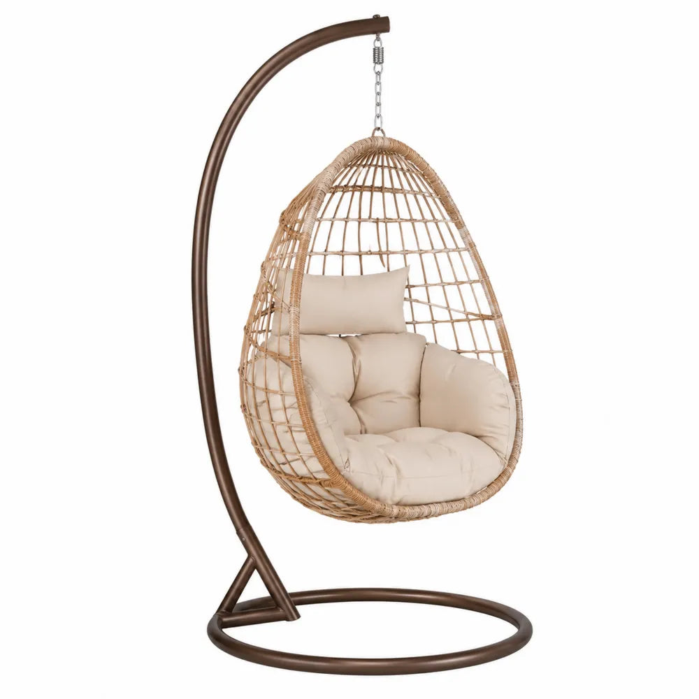 Silla Colgante de Ratán Sintético con Cojín Beige y Estructura de Acero
