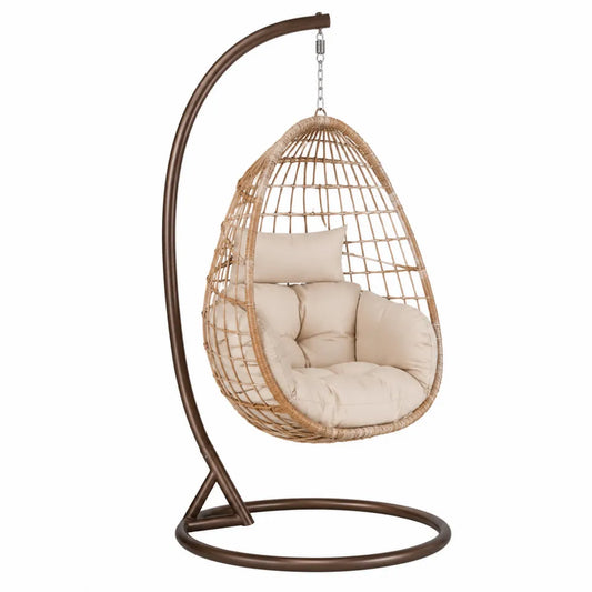 Silla Colgante de Ratán Sintético con Cojín Beige y Estructura de Acero