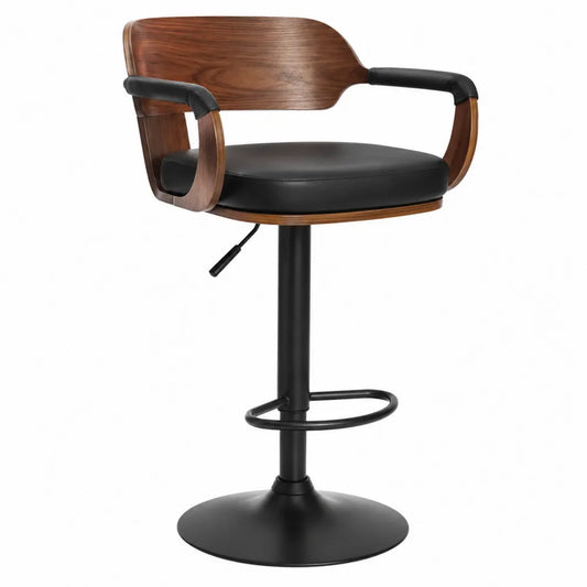 Taburete de bar ajustable de madera y cuero PU negro
