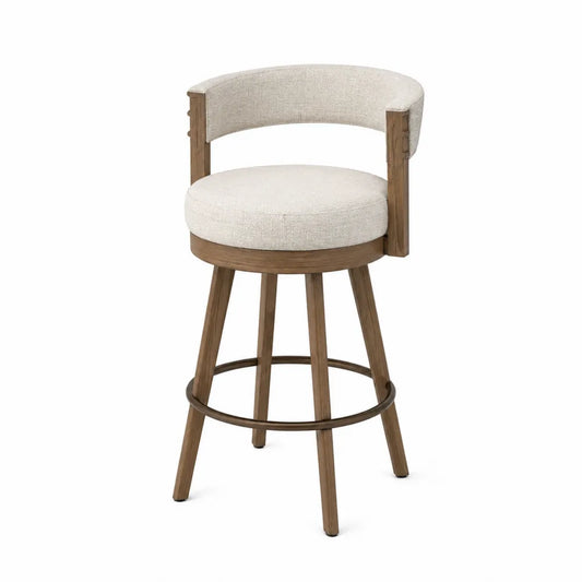 Taburete de bar giratorio de madera con asiento de tela beige