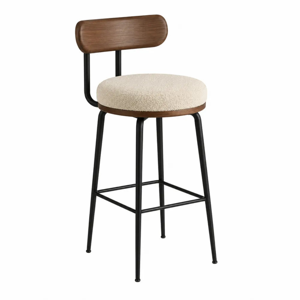 Taburete de Tela Beige y Madera con Estructura de Metal, Altura 75 cm