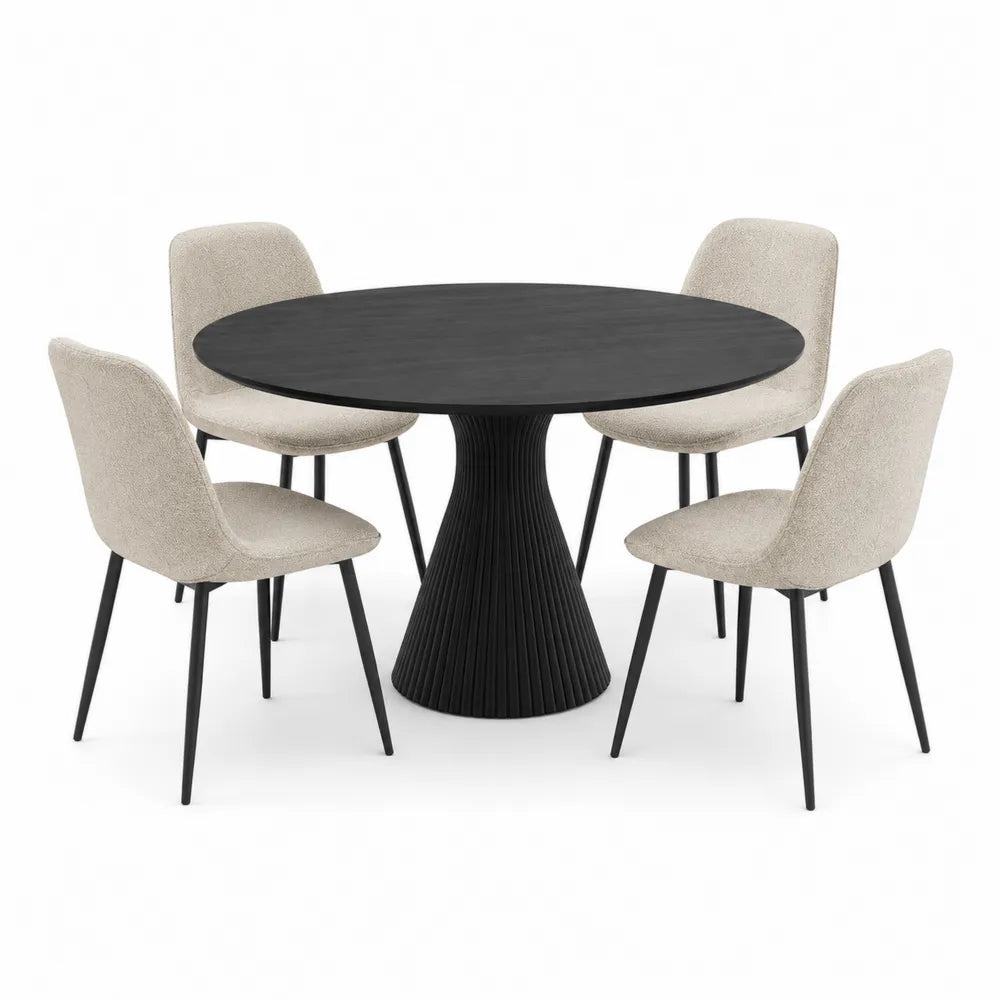 Conjunto de comedor redondo de MDF negro con 4 sillas de tela beige