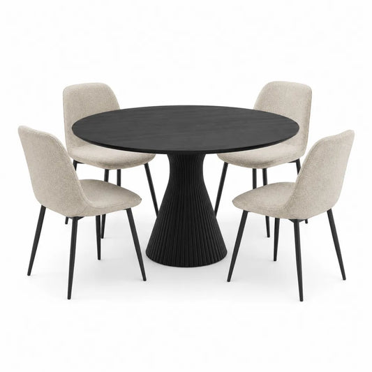 Conjunto de comedor redondo de MDF negro con 4 sillas de tela beige