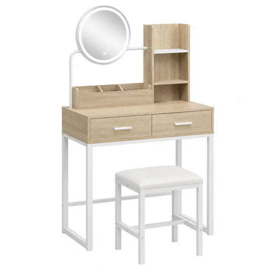 Tocador de MDF y metal con espejo redondo y taburete acolchado, color madera/blanco