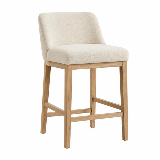 Taburete tapizado beige con estructura de madera de roble