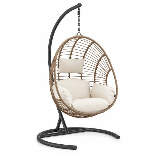 Silla colgante de ratán sintético beige y estructura de acero