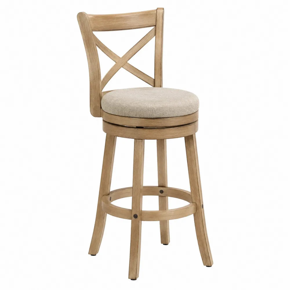 Taburete de madera giratorio con asiento de poliéster beige