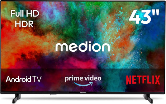 MEDION, TV'er, 108 cm (43 inches) Fuld HD-tv (Android-tv, Smart TV, HDR, Prime Video, PCR, Sort, 108 cm, 43 inch, Full HD, 1W