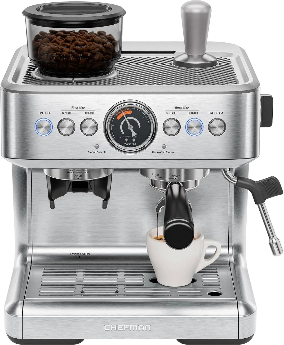 Chefman, Espresso Machine & Kaffemachine Kombinationer, Chef Crema Supreme Espresso Machine 15 Bar med kaffe Mill, Sort / sølv