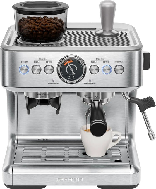 Chefman, Espresso Machine & Kaffemachine Kombinationer, Chef Crema Supreme Espresso Machine 15 Bar med kaffe Mill, Sort / sølv