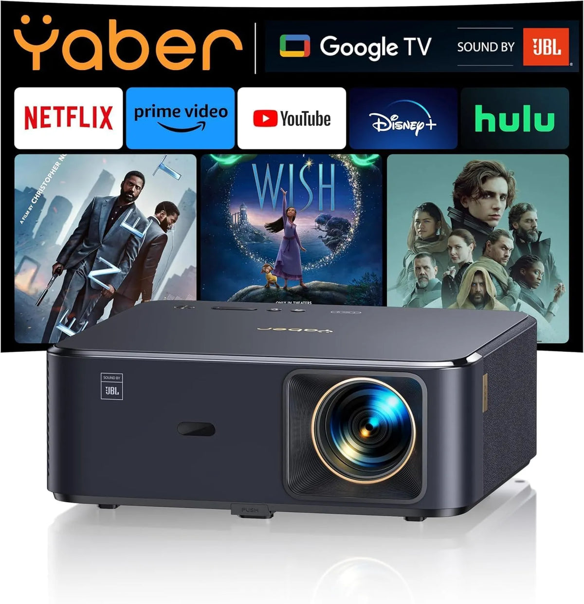 YABER WiFi6 1080P, Projektorer, Beamer 4K med Android TV 11.0, Lyd af JBL, Dolby Audio, NFC, Autofocus, Auto, Sort, 4K, 300 ', 20W, 10W