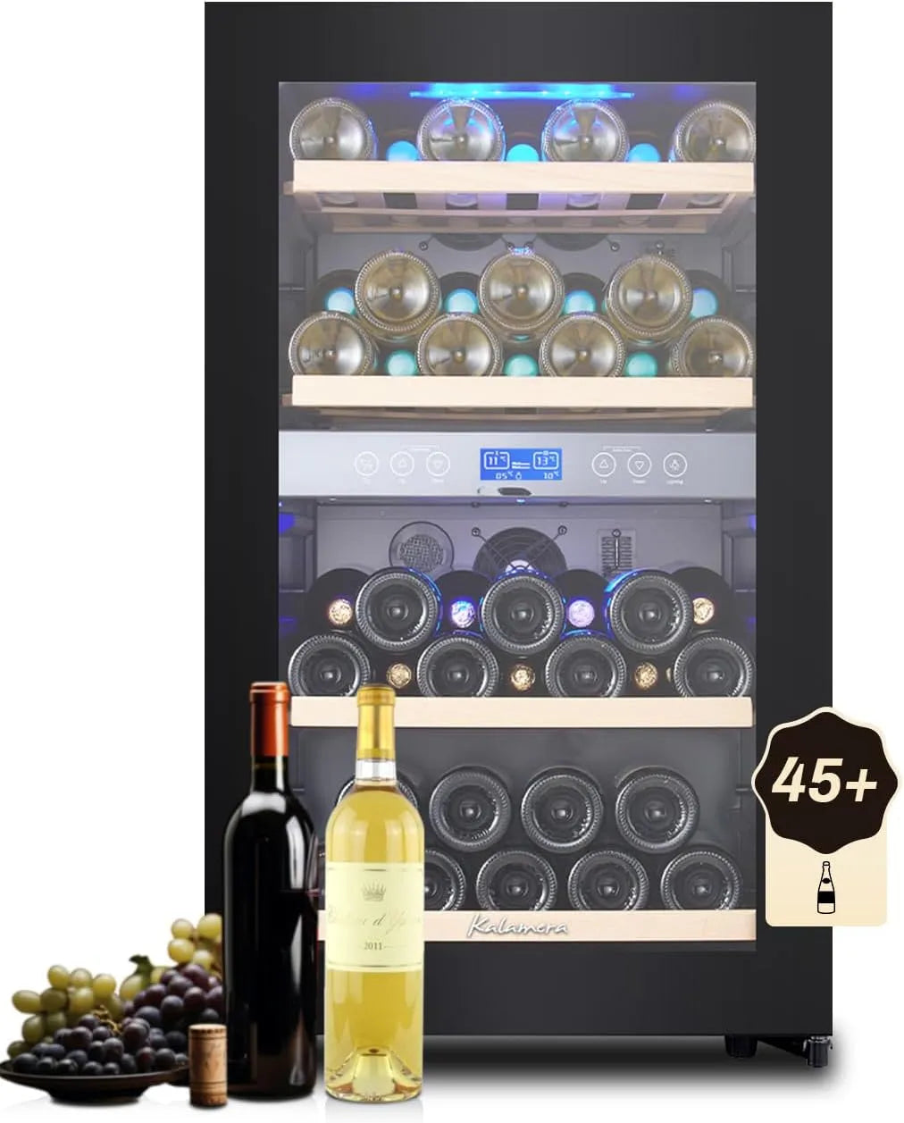 Kalamera KRC-120BFG C/10-18, Indbyggede vinkøleskabe, 120Liter vin køleskab 2 zoner, 45 flasker, 120 liter, store LCD-skærm, Sort, 120L, 41 dB