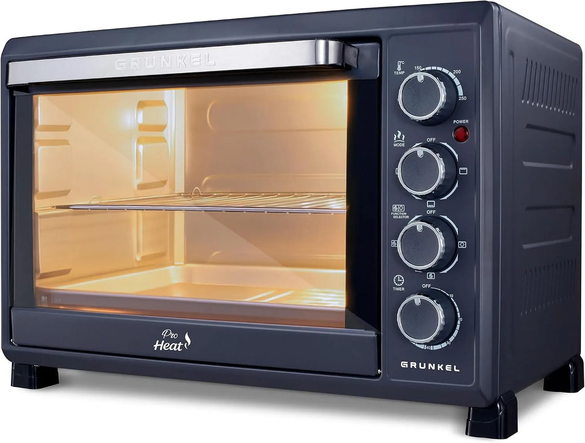 Grunkel, Ovne, Electric flerfunktionsovn 38L med 3 opvarmningsfunktioner og temperaturvælger op, Sort / sølv, 38L, 2000 W, 23 l, 63 l