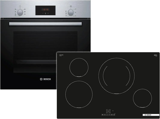 Bosch HBD231BR80 HBF133BR0, Komfursæt, Set bageovn + PIE811BB5E induktionsbeholder, Sort, 80 cm, 66 l, 4 g, 28 cm