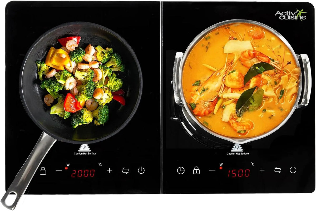 ACTIV CUISINE 3-Stunden, Kogeplader, Induktionsspole 2 plader, dobbelt induktion hotplate med uafhængig kontrol 3500W, Sort, 3500W, 200 W