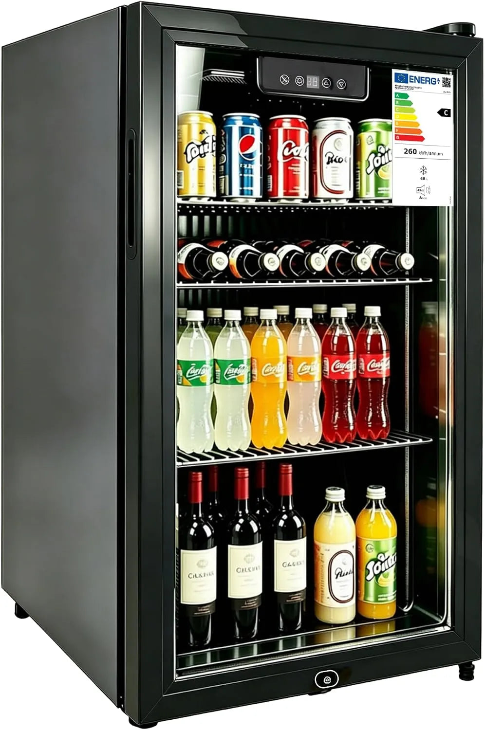 E-Yards, Drikkevarekøleskabe, Fritstående & underbygning Drikkekøleskab, tredobbelt glassedør, LED-skærm &, Hvid, 48 L, 29L