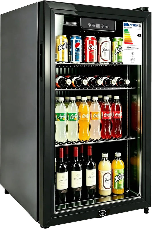 E-Yards, Drikkevarekøleskabe, Fritstående & underbygning Drikkekøleskab, tredobbelt glassedør, LED-skærm &, Hvid, 48 L, 29L