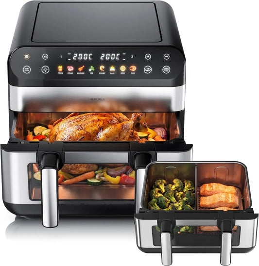 Arendo, Airfryere, XXL Hot Air Fryer 10 liter - 2 kamre separable / 1 kammer Match Funktion - Ekstra, Sort / sølv, 10 l, 2400 W, 2 × 5, 240 V