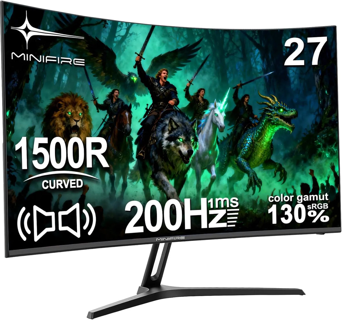 Minifire PS5/PC MFG27C1, Skærme, Gaming Monitor 27 tommer buet -200Hz, 1ms Response Time, VA Panel med 130% sRGB, Sort, 200Hz, 1920x1080, 2V