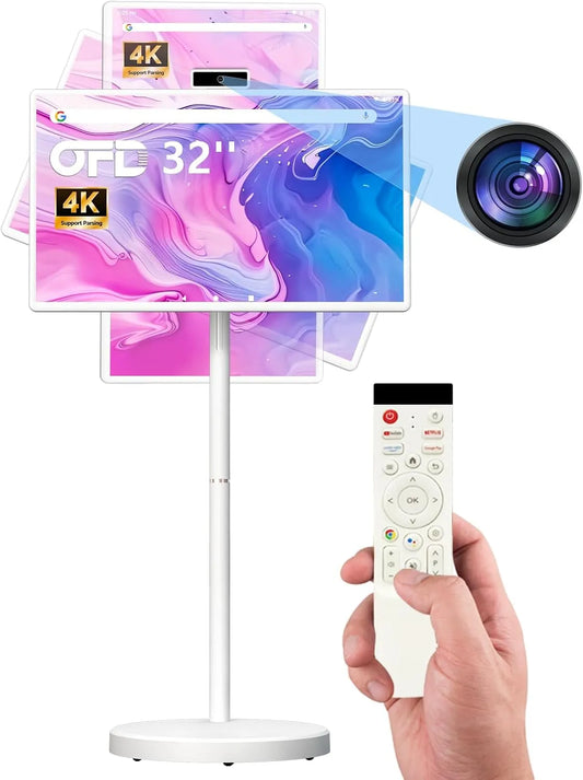 OFD 1080P, TV og hjemmebiograf, 32 tommer FHD Smart Portable TV på hjul, Rullende TV Android 15 OS, Grå, 2 l, 60Hz, 6 G, 128G