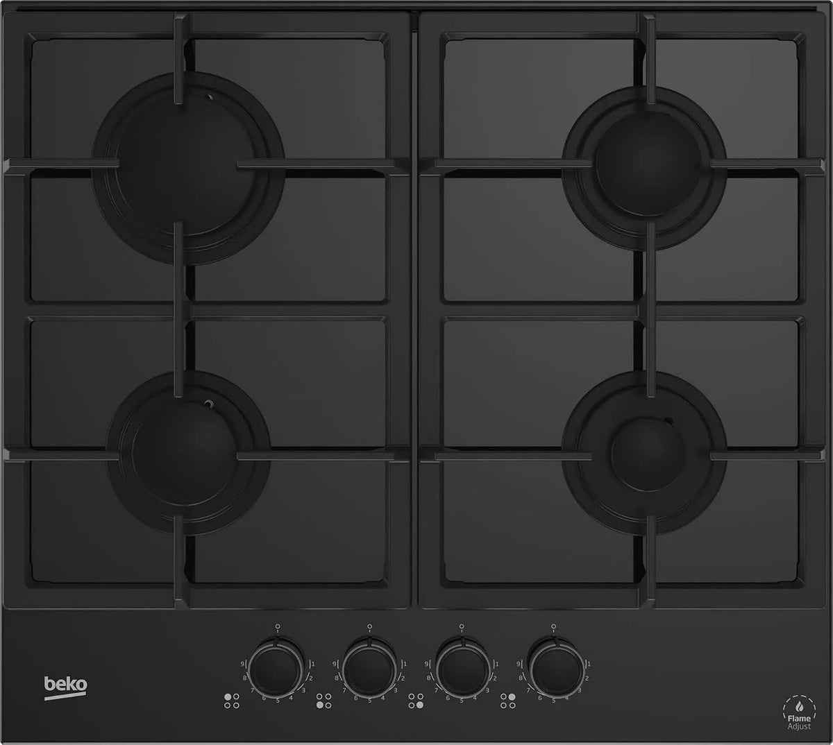 Beko 4-flammig HILG64325SDX, Kogeplader, gaspust, 4-flamme, 60 x 52 cm, sort, 60 cm, 7400 W, 240 V