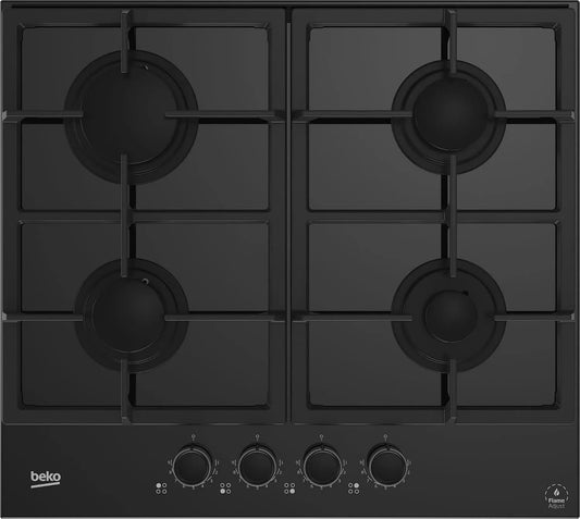 Beko 4-flammig HILG64325SDX, Kogeplader, gaspust, 4-flamme, 60 x 52 cm, sort, 60 cm, 7400 W, 240 V