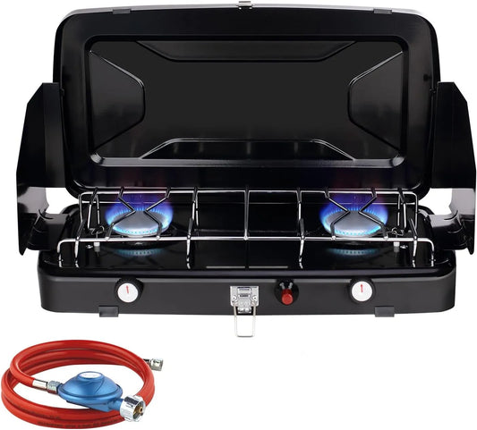 CAMPLUX 2-Flammig JK-8620-DE, Campingovne, Camping Kocher 2-Flamig, Compact Camping Gas Kocher med låg, Bærbar Gas Stove, Sort, 2400 W, 1, 2 kW