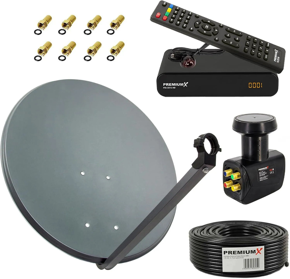 Premium X, ZXQKEEP0QXZ, X, Komplet satellitudstyr, X satellit fuld system 60cm parabol ALU antracite SAT Quad LNB 50m kabel FullHD, anthracit, 60cm