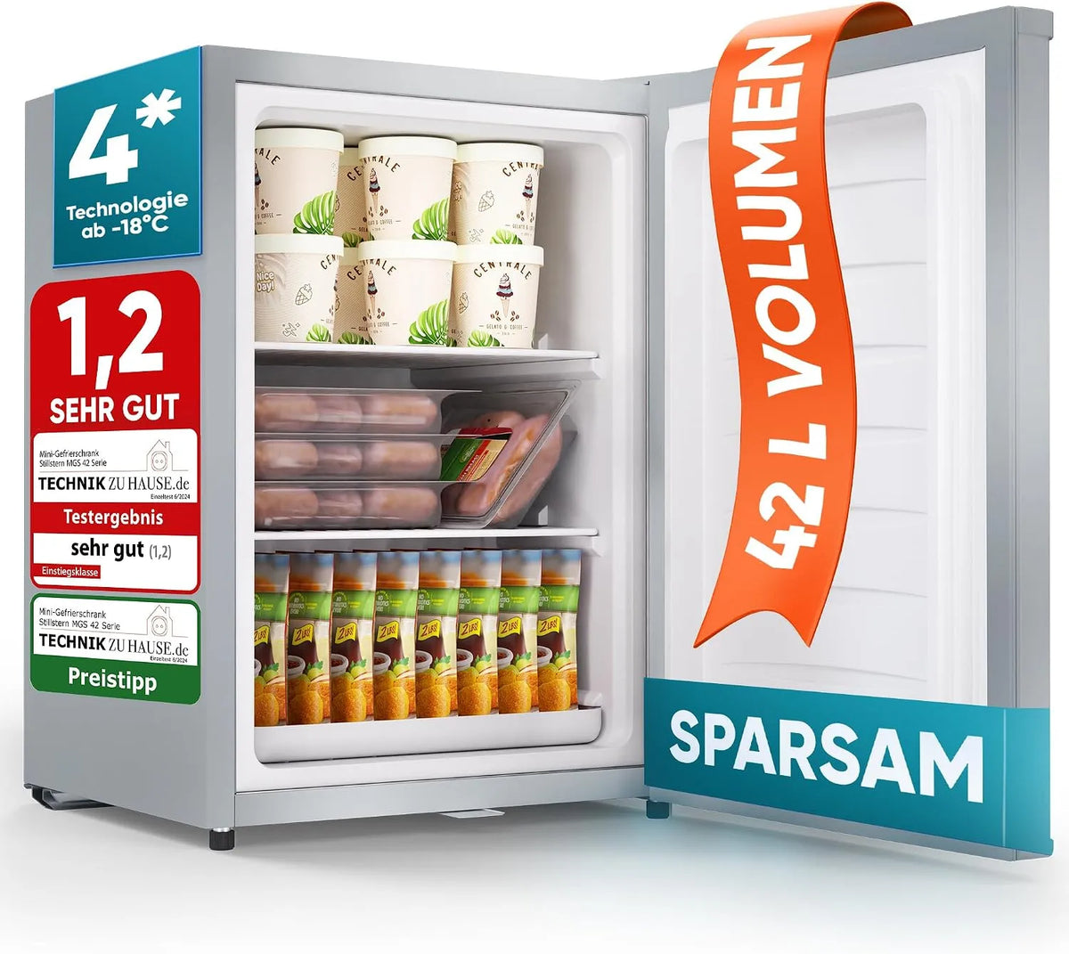 Stillstern 4-Sterne 4-stjernet, Minifrysere, Stilstern Mini Fryser (42L) -18 ° C, iskul, lås, dørstop udskiftelige, fryser til, Sølv, 42L, 150 kW