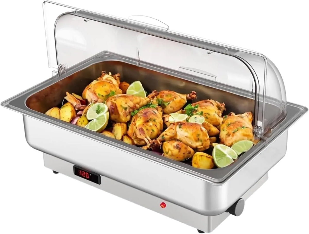 TRDEWR, Varmeplader og madvarmere, Elektrisk chafing dish 600 W, rustfrit stål varmeovn med PC Rolltop Cover, Buffet, Sølv, 600 W, 6 l