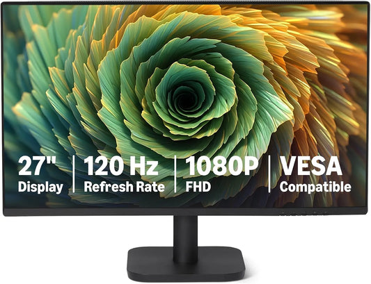 Amazon Basics 1080P, Skærme, 27 tommer computer monitor, 120Hz, FHD skærm til kontor og hjem, Adaptive Sync, Sort, 1920 x 1080, 3, 5mm