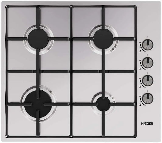 HAEGER, Kogeplader, build- in gas holb, 60 cm, 4 dyser, rustfrit stål, Sølv, 4 g, 492 mm
